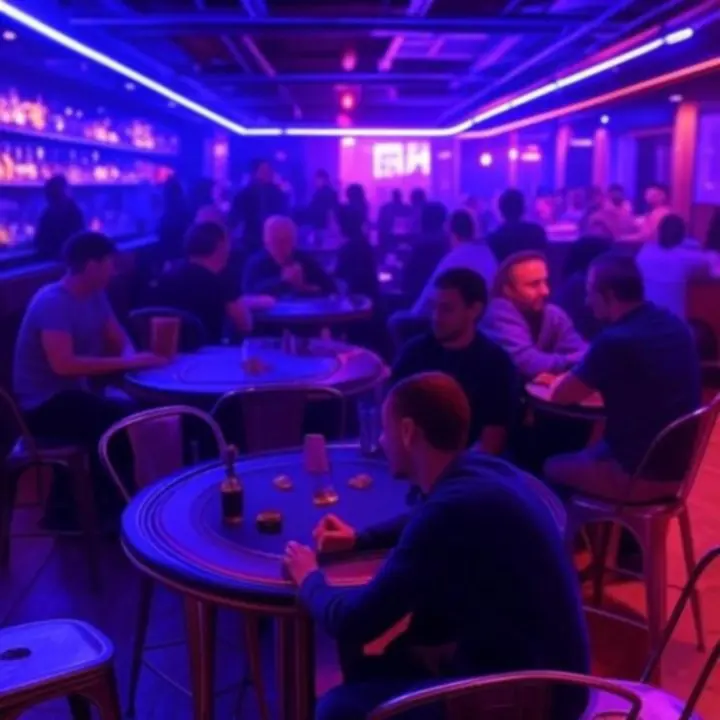 Wnętrze baru EliteHandLounge w neonowym oświetleniu