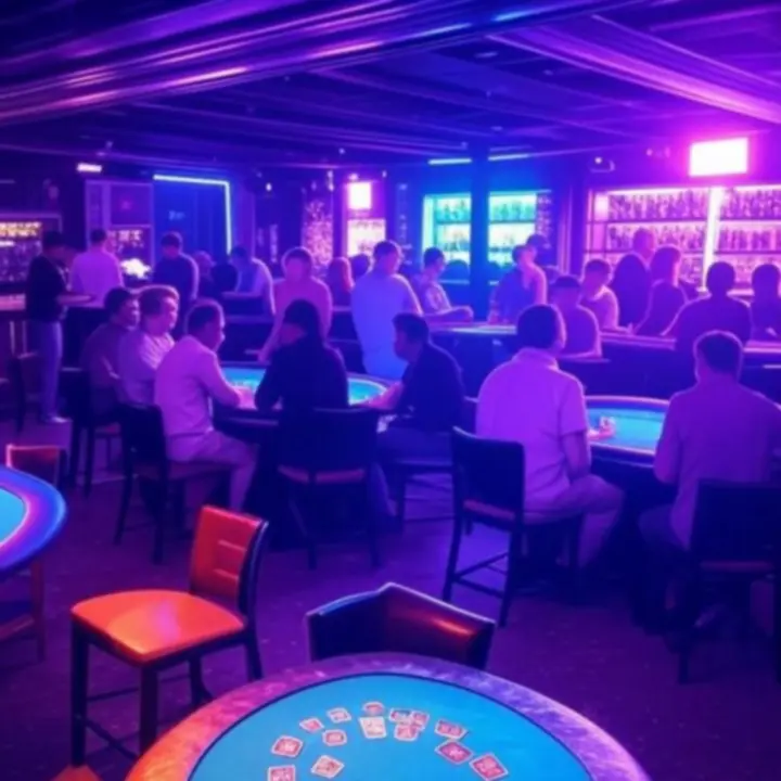 Neonowy bar EliteHandLounge z gośćmi grającymi w pokera
