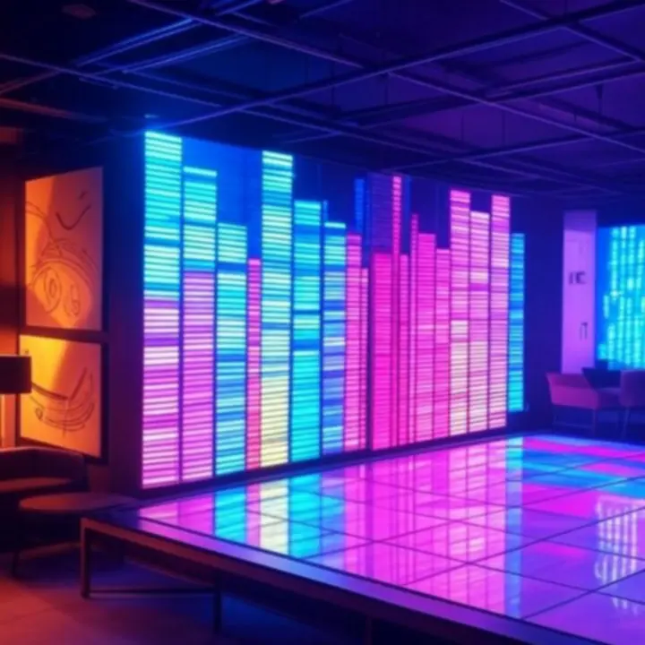 Muzyczne wizualizacje i neonowe projekcje we wnętrzu klubu