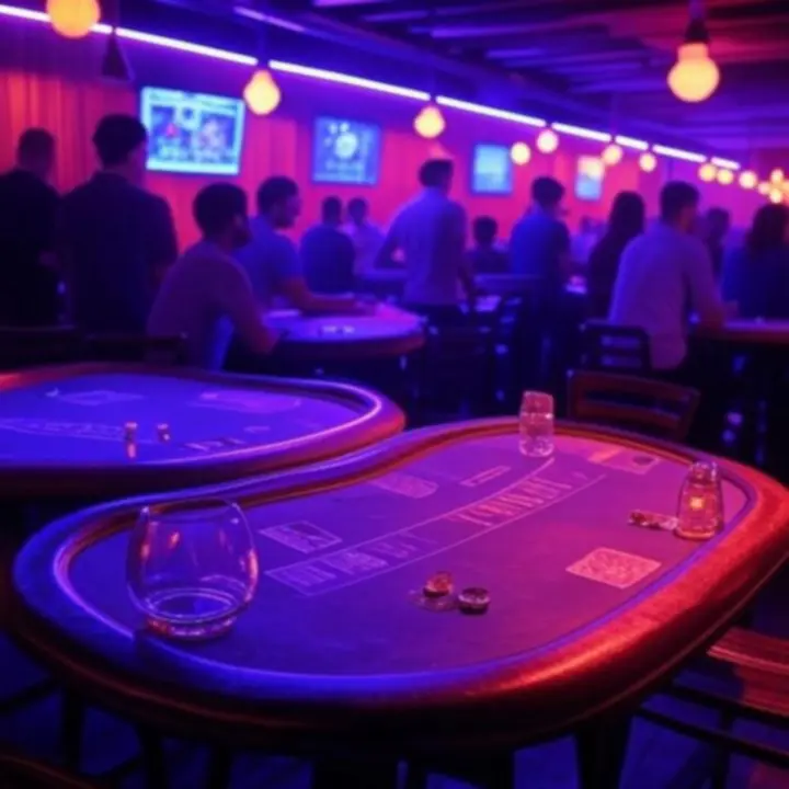 Neonowe oświetlenie i muzyka tworzące immersyjną scenerię pokerowego baru