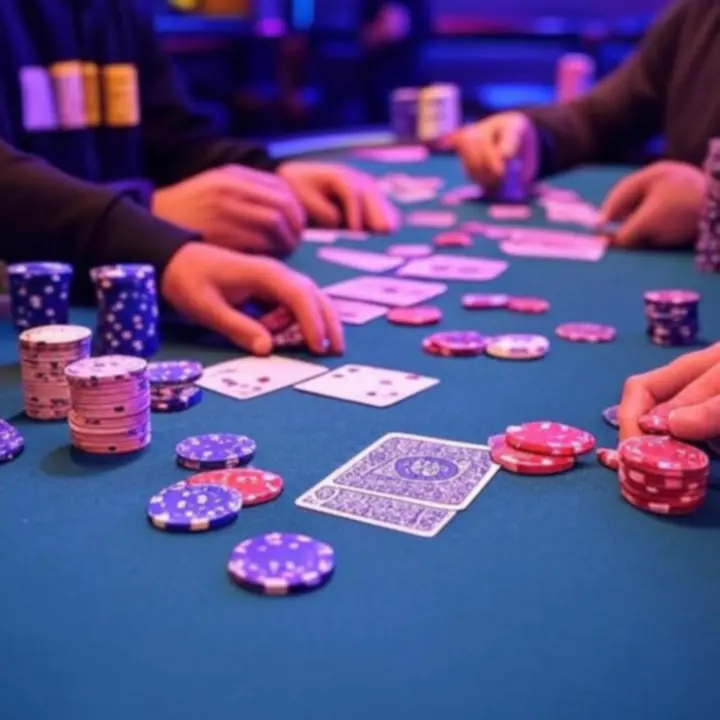 Tematycznie udekorowany stolik pokerowy z żetonami i kartami w neonowym świetle